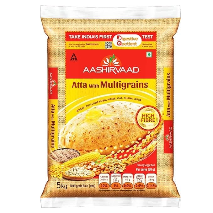 Aashirvaad Atta with Multigrains, 5kg pack | High Fibre & High Protein Multigrain Atta | 6 Natural Grains